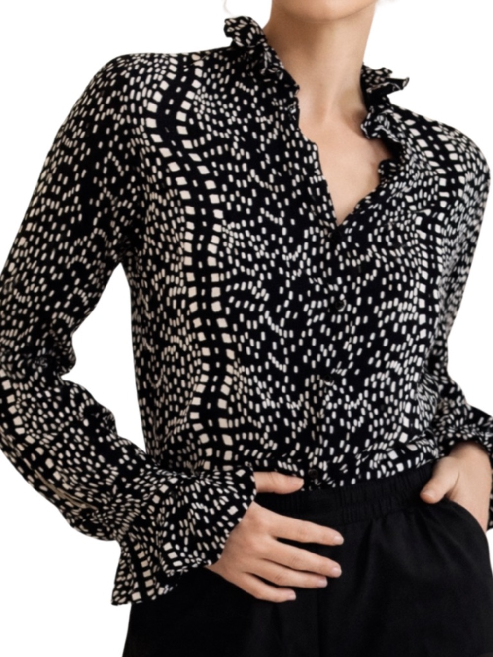 Oliphant Black and White Printed Ruffle Neck Blouse